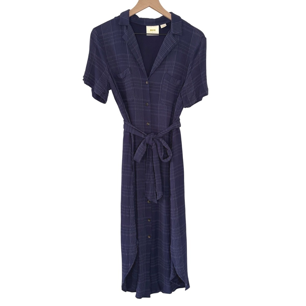 Maeve Anthropologie Blue Windowpane Shirt Dress Tie Waist Midi Womens Medium